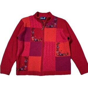 Vintage Tulchan Women's Large Zip Cardigan 100% Wool Red Floral Embroidered Fall